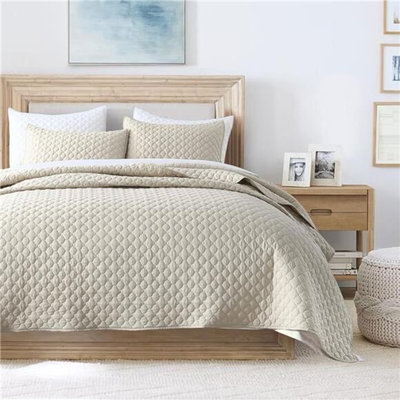 Quilt Set Queen Size Beige Bedspread, Modern Style Quilted Clouds Pattern Soft - Picture 1 of 8